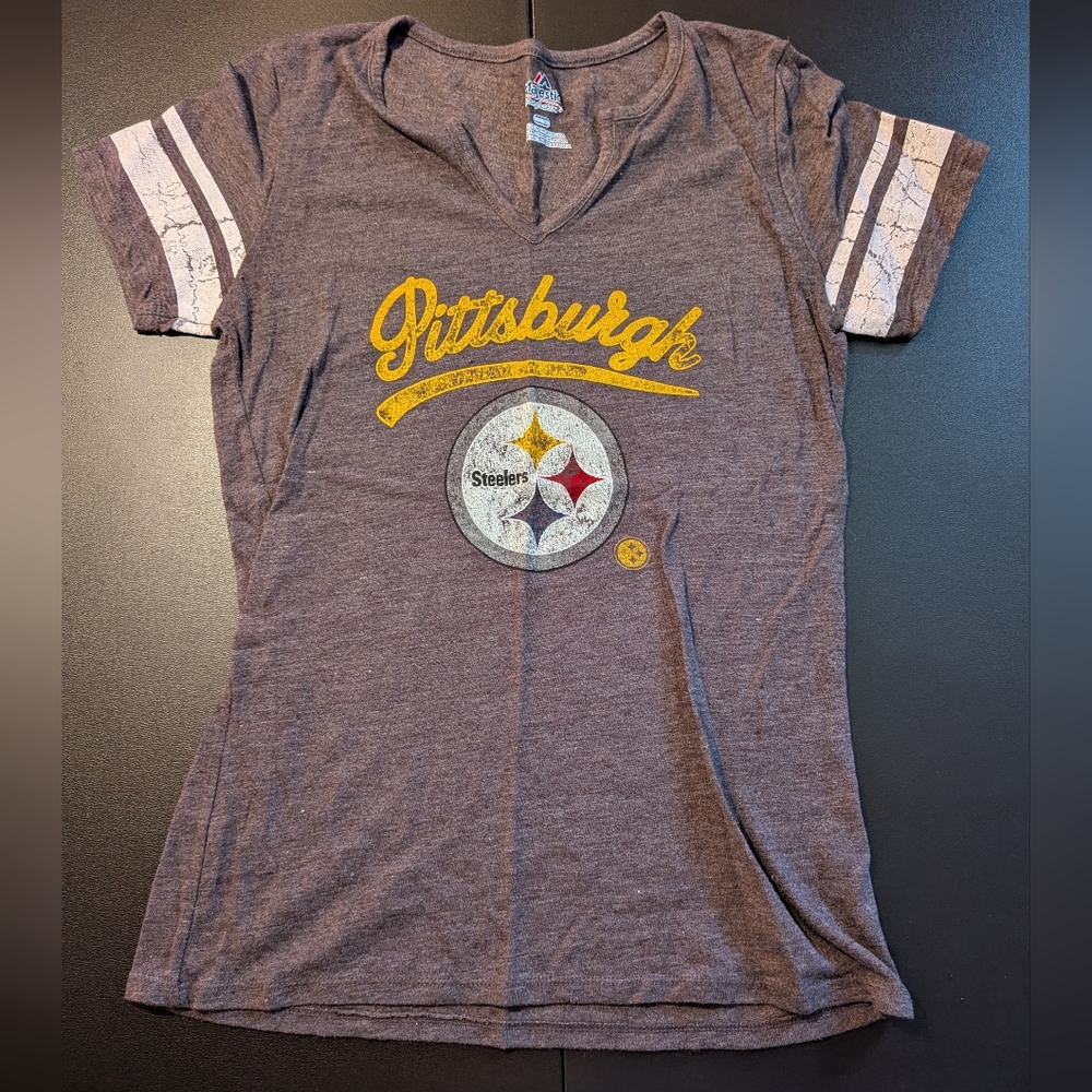 Pittsburgh Steelers Majestic Gray V-Neck T-Shirt Size M